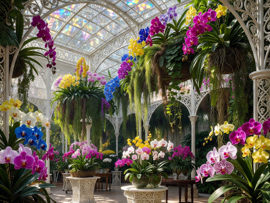 An elegant orchid exhibition filled with colorful tropical flowers, crystal ceilings, hanging gardens, white iron architecture, and luxurious botanical styling