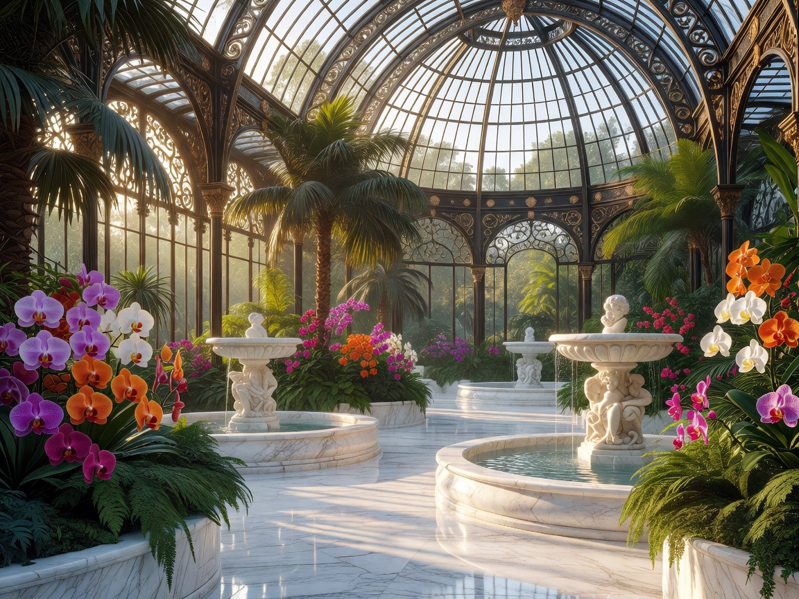 A magnificent Victorian botanical conservatory with enormous glass domes, exotic flowers, marble walkways, elegant fountains, lush greenery, and warm morning sunlight in premium digital concept art